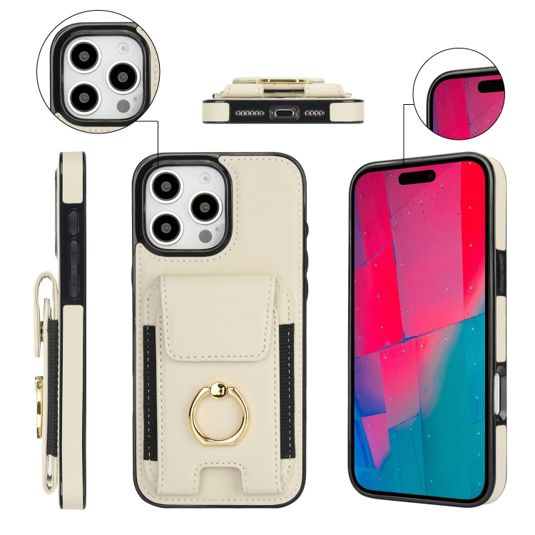 For iPhone 16 Pro Max Elastic Card Bag Ring Holder Phone Case(White)