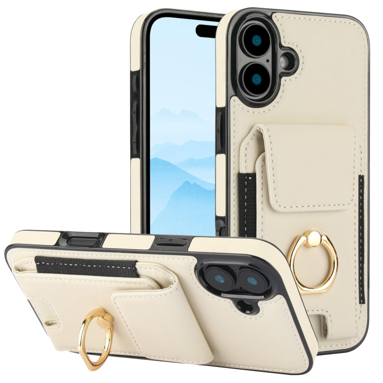 For iPhone 16 Plus Elastic Card Bag Ring Holder Phone Case(White)