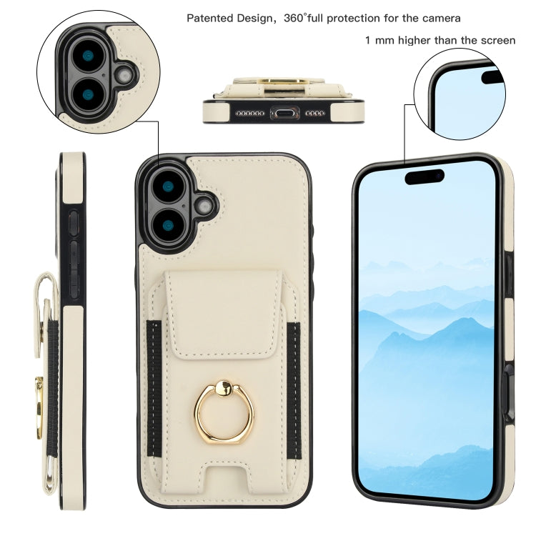 For iPhone 16 Plus Elastic Card Bag Ring Holder Phone Case(White)