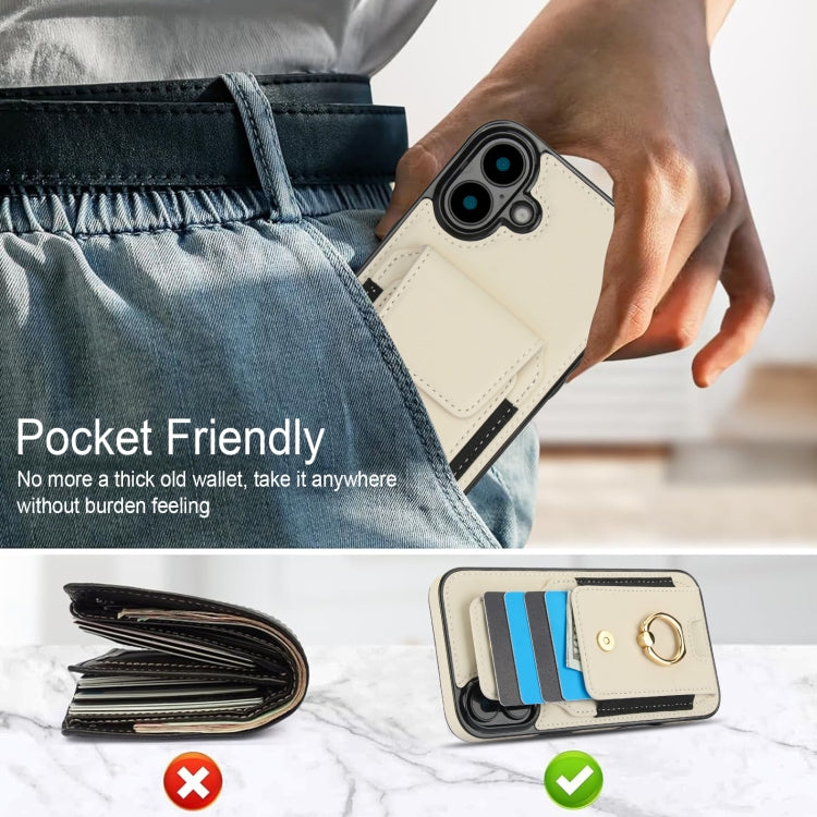 For iPhone 16 Plus Elastic Card Bag Ring Holder Phone Case(White)