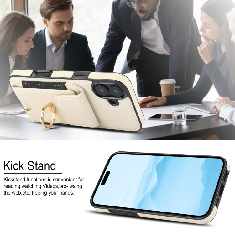 For iPhone 16 Plus Elastic Card Bag Ring Holder Phone Case(White)