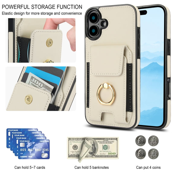 For iPhone 16 Plus Elastic Card Bag Ring Holder Phone Case(White)