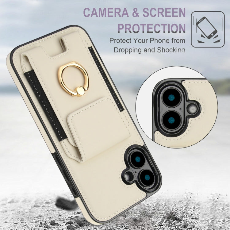 For iPhone 16 Plus Elastic Card Bag Ring Holder Phone Case(White)