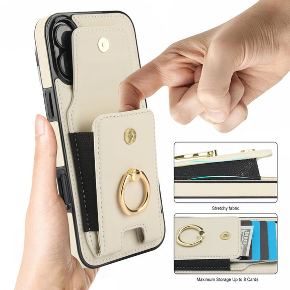 For iPhone 16 Plus Elastic Card Bag Ring Holder Phone Case(White)