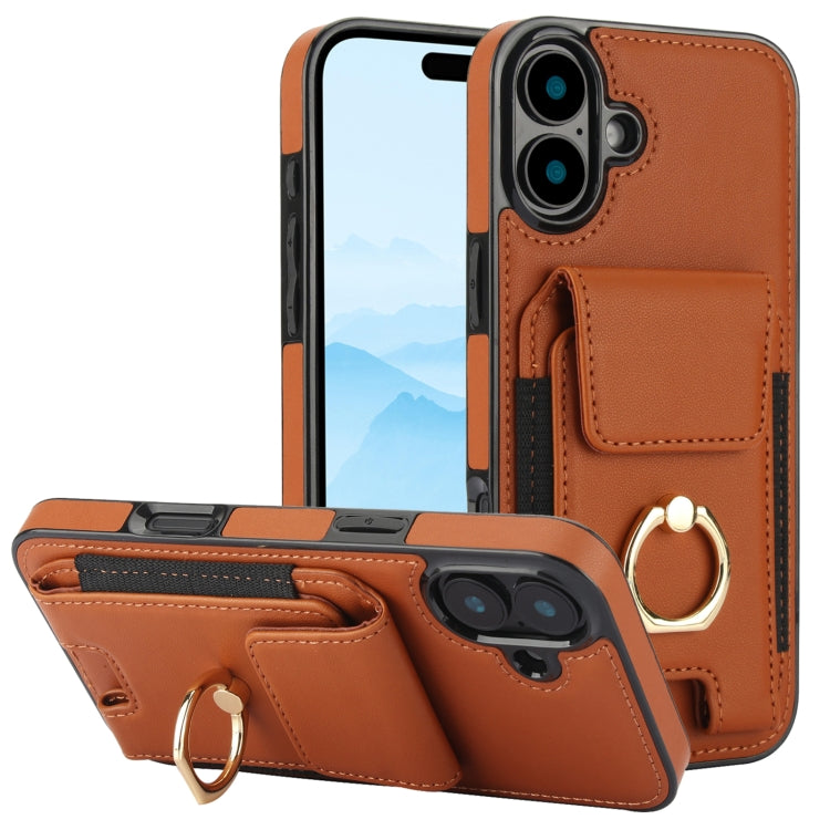 For iPhone 16 Elastic Card Bag Ring Holder Phone Case(Brown)
