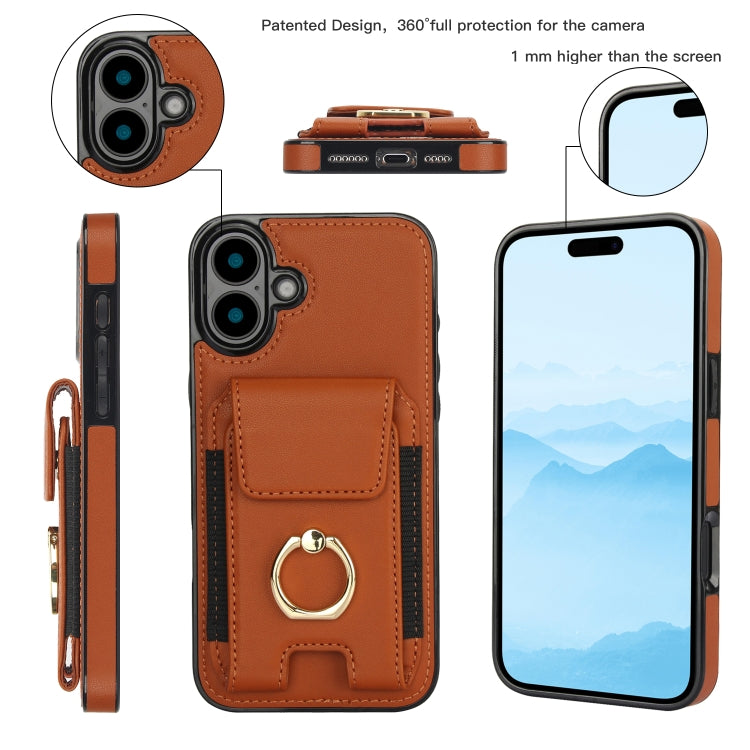 For iPhone 16 Elastic Card Bag Ring Holder Phone Case(Brown)