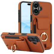 For iPhone 16 Elastic Card Bag Ring Holder Phone Case(Brown)