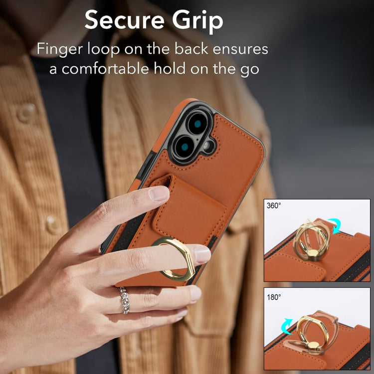 For iPhone 16 Elastic Card Bag Ring Holder Phone Case(Brown)