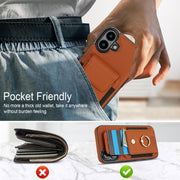 For iPhone 16 Elastic Card Bag Ring Holder Phone Case(Brown)