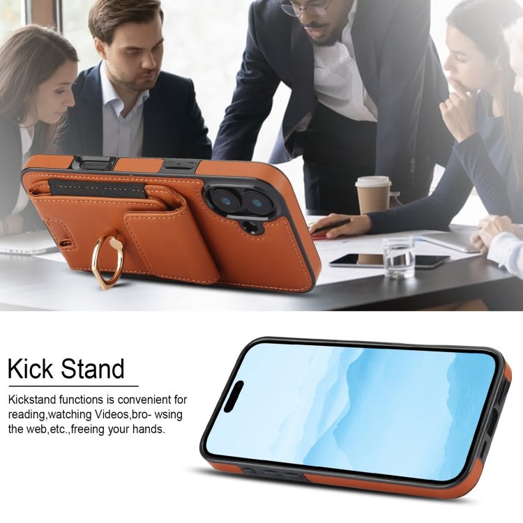 For iPhone 16 Elastic Card Bag Ring Holder Phone Case(Brown)