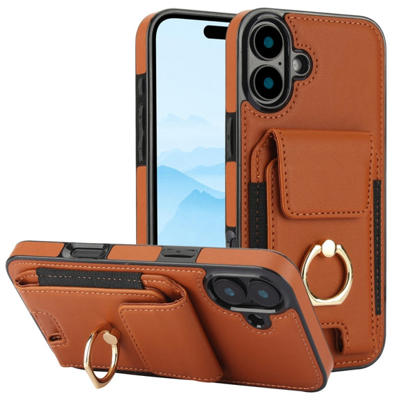 For iPhone 16 Elastic Card Bag Ring Holder Phone Case(Brown)