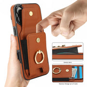 For iPhone 16 Elastic Card Bag Ring Holder Phone Case(Brown)