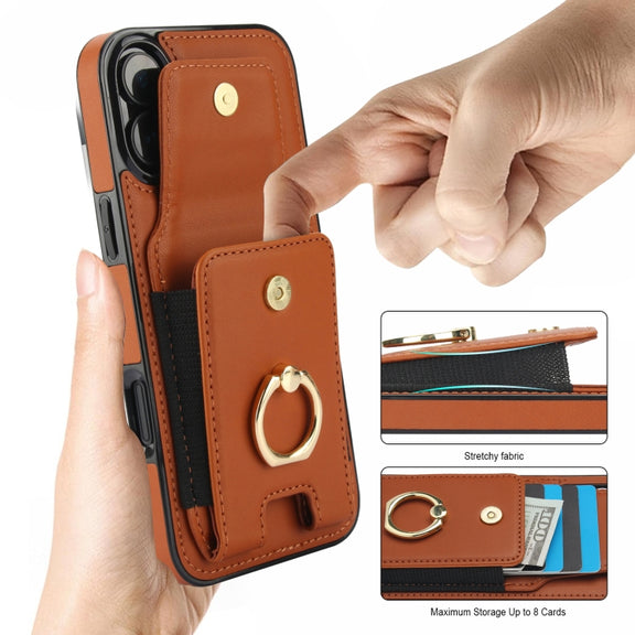 For iPhone 16 Elastic Card Bag Ring Holder Phone Case(Brown)