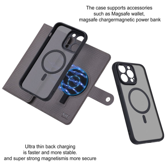 For iPhone 15 Pro Max ViLi GHA Series Shockproof MagSafe RFID Leather Attraction Horizontal Flip Phone Case(Grey)