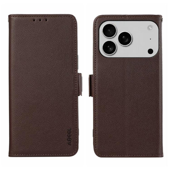 For iPhone 17 Pro ABEEL Side-Magnetic Litchi Pattern Leather RFID Phone Case(Brown)