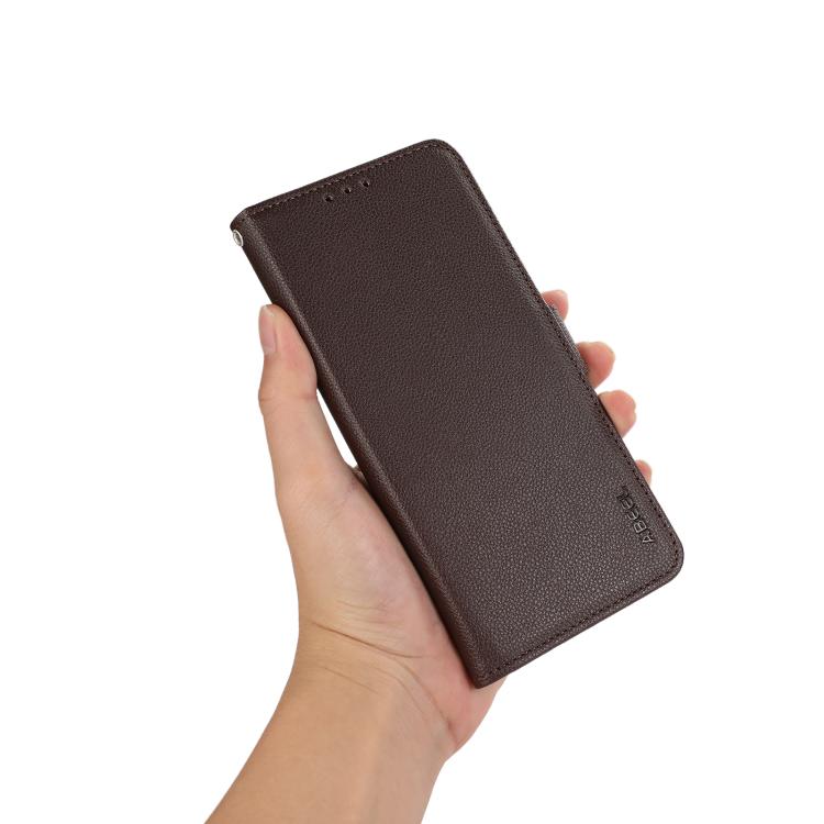 For iPhone 17 Pro ABEEL Side-Magnetic Litchi Pattern Leather RFID Phone Case(Brown)