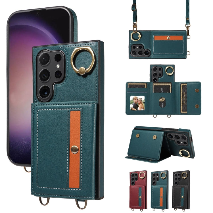 For Samsung Galaxy S24 Ultra 5G Crossbodys Wallet Bag Ring Holder Leather Phone Case(Green)