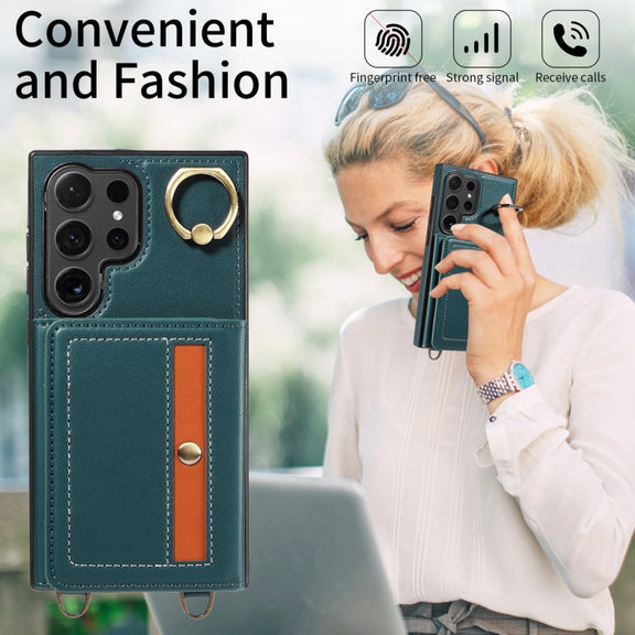 For Samsung Galaxy S24 Ultra 5G Crossbodys Wallet Bag Ring Holder Leather Phone Case(Green)