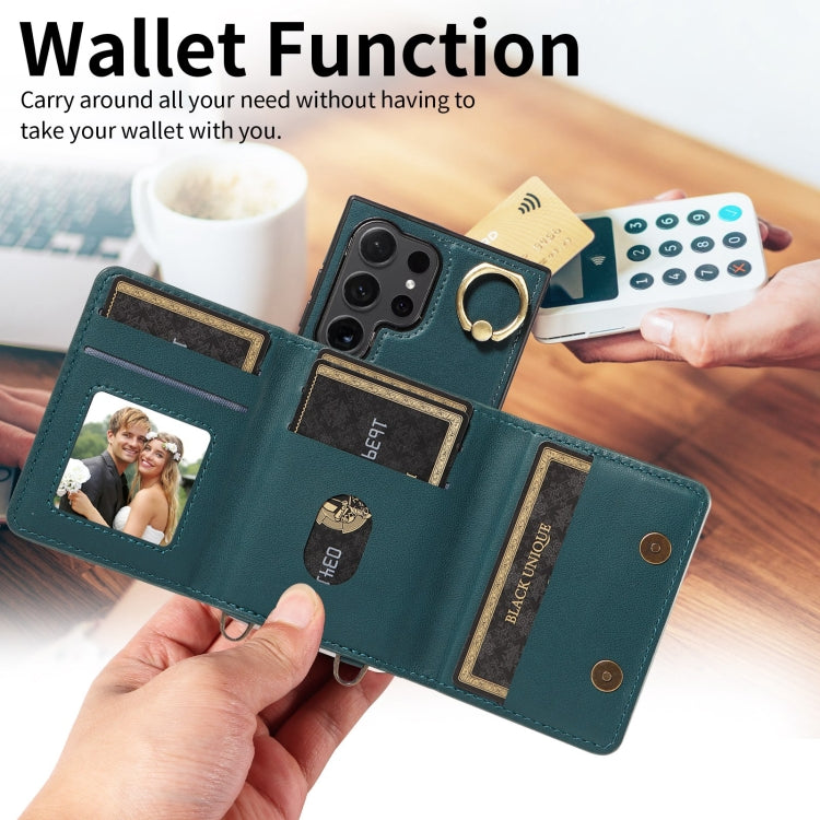 For Samsung Galaxy S24 Ultra 5G Crossbodys Wallet Bag Ring Holder Leather Phone Case(Green)
