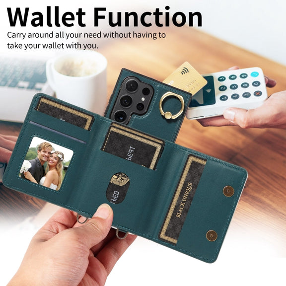 For Samsung Galaxy S24 Ultra 5G Crossbodys Wallet Bag Ring Holder Leather Phone Case(Green)