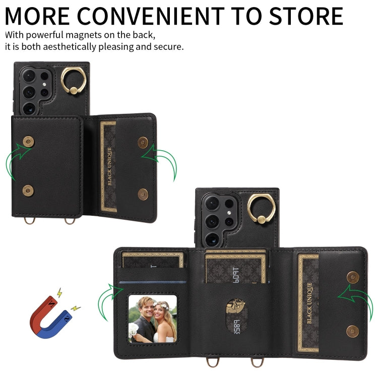For Samsung Galaxy S24 Ultra 5G Crossbodys Wallet Bag Ring Holder Leather Phone Case(Black)