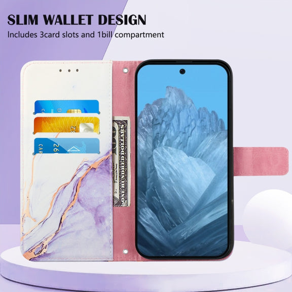 For Google Pixel 9 PT003 Marble Pattern Flip Leather Phone Case(White Purple)
