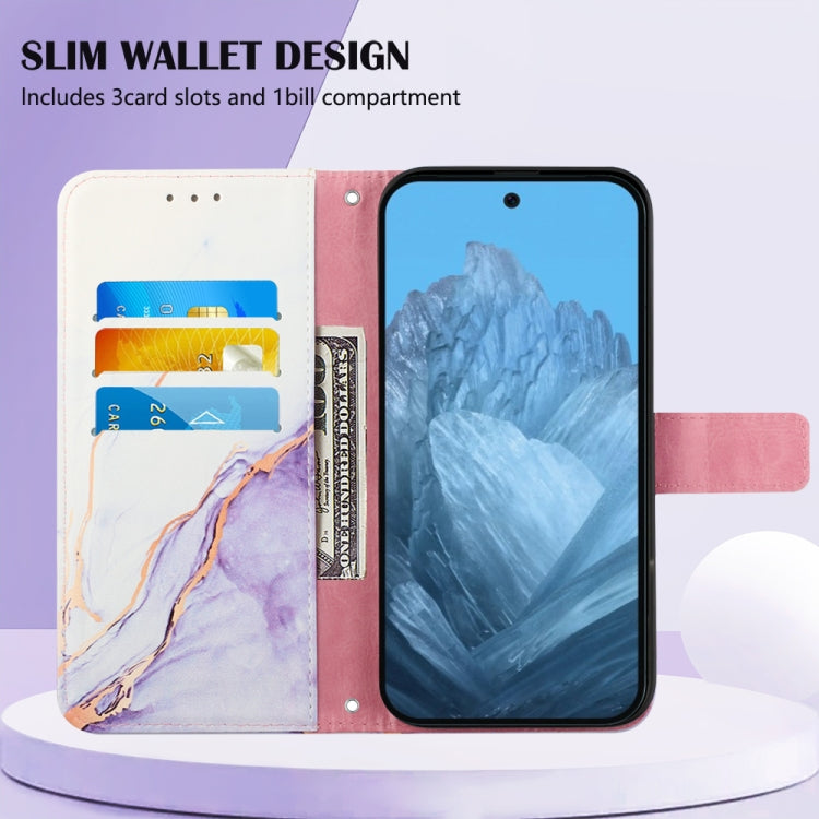 For Google Pixel 9 PT003 Marble Pattern Flip Leather Phone Case(White Purple)