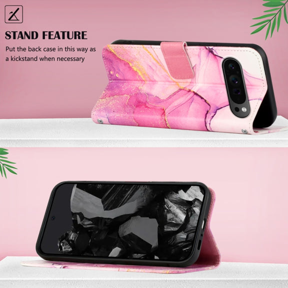For Google Pixel 9 Pro PT003 Marble Pattern Flip Leather Phone Case(Pink Purple Gold)