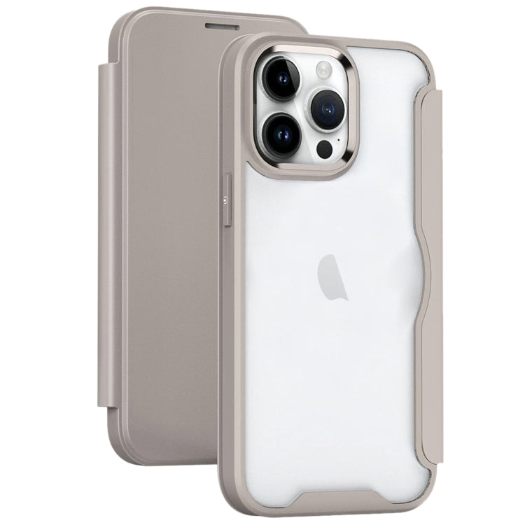 For iPhone 14 Pro Max RFID Blocking Adsorption Flip Leather Phone Case(Khaki)