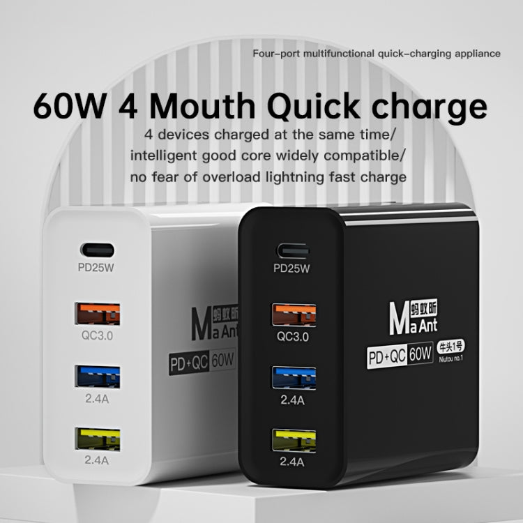 Ma-Ant 60W USB-C/Type-C+3 USB Multi-port Fast Charging Charger, Plug:US Plug(Black)