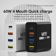 Ma-Ant 60W USB-C/Type-C+3 USB Multi-port Fast Charging Charger, Plug:US Plug(Black)