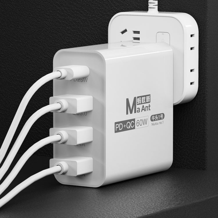 Ma-Ant 60W USB-C/Type-C+3 USB Multi-port Fast Charging Charger, Plug:US Plug(White)