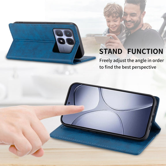 For Redmi K70 Ultra Business Solid Color Magnetic RFID Leather Phone Case(Blue)