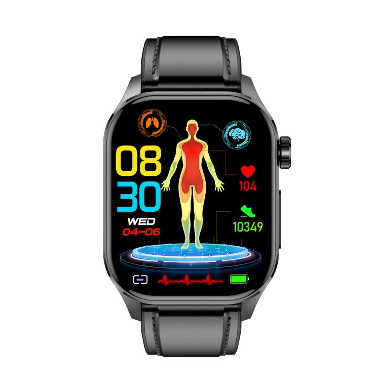 ET580 2.04 inch AMOLED Screen Sports Smart Watch Support Bluetooth Call /  ECG Function(Black Leather Band)