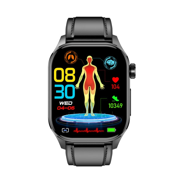 ET580 2.04 inch AMOLED Screen Sports Smart Watch Support Bluetooth Call /  ECG Function(Black Leather Band)