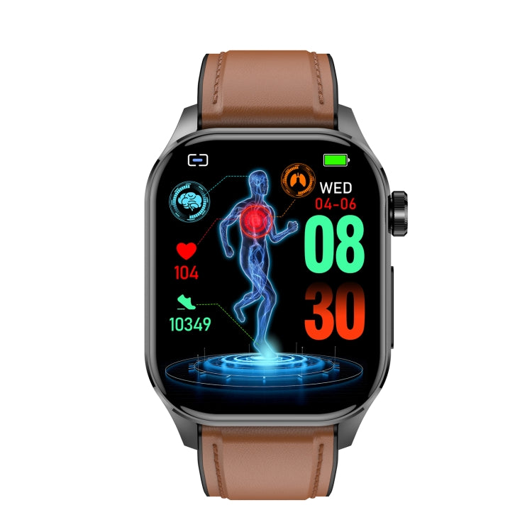 ET580 2.04 inch AMOLED Screen Sports Smart Watch Support Bluetooth Call /  ECG Function(Brown Leather Band)
