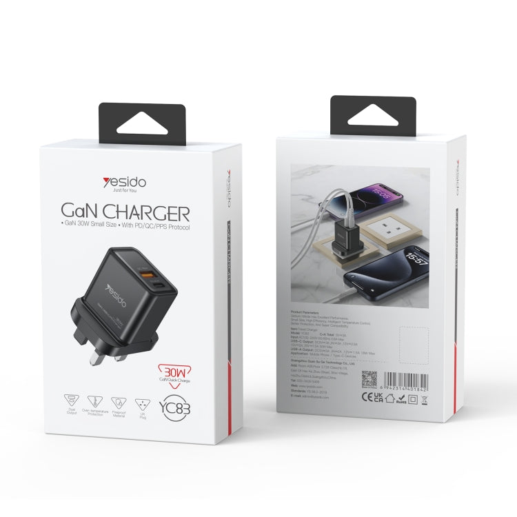 Yesido YC83 PD 30W USB-C/Type-C+USB Interface GaN Fast Charging Charger(UK Plug)