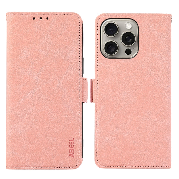For iPhone 16 Pro Max ABEEL Frosted Magnetic RFID Leather Phone Case(Pink)