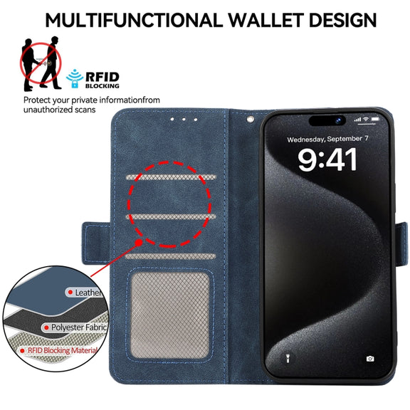 For iPhone 16 ABEEL Frosted Magnetic RFID Leather Phone Case(Blue)