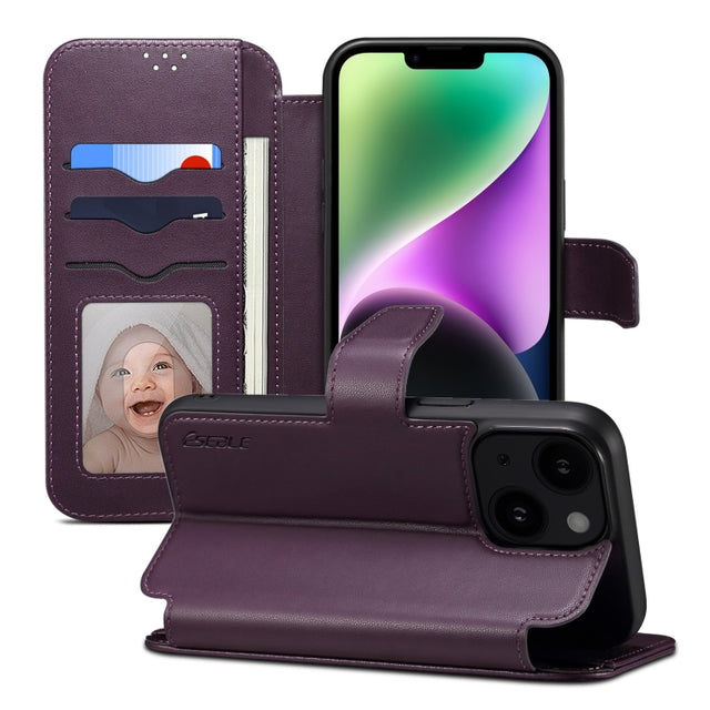 For iPhone 14 / 13 ESEBLE E1 Nappa Texture MagSafe Holder Leather Phone Case(Dark Purple)