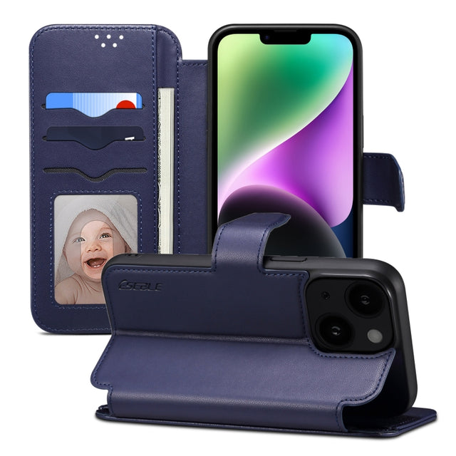 For iPhone 15 Plus / 14 Plus ESEBLE E1 Nappa Texture MagSafe Holder Leather Phone Case(Dark Blue)