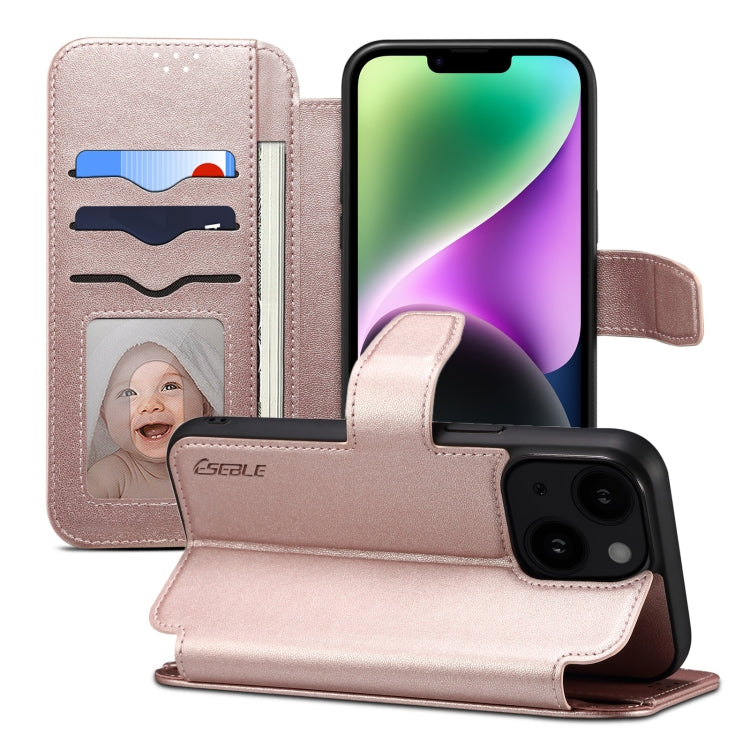 For iPhone 15 Plus / 14 Plus ESEBLE E1 Nappa Texture MagSafe Holder Leather Phone Case(Rose Gold)