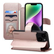 For iPhone 15 Plus / 14 Plus ESEBLE E1 Nappa Texture MagSafe Holder Leather Phone Case(Rose Gold)
