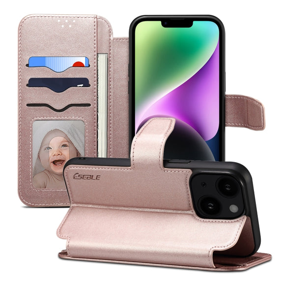 For iPhone 15 Plus / 14 Plus ESEBLE E1 Nappa Texture MagSafe Holder Leather Phone Case(Rose Gold)