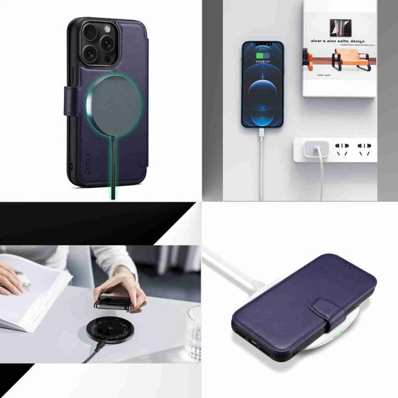 For iPhone 15 ESEBLE E1 Nappa Texture MagSafe Holder Leather Phone Case(Dark Blue)