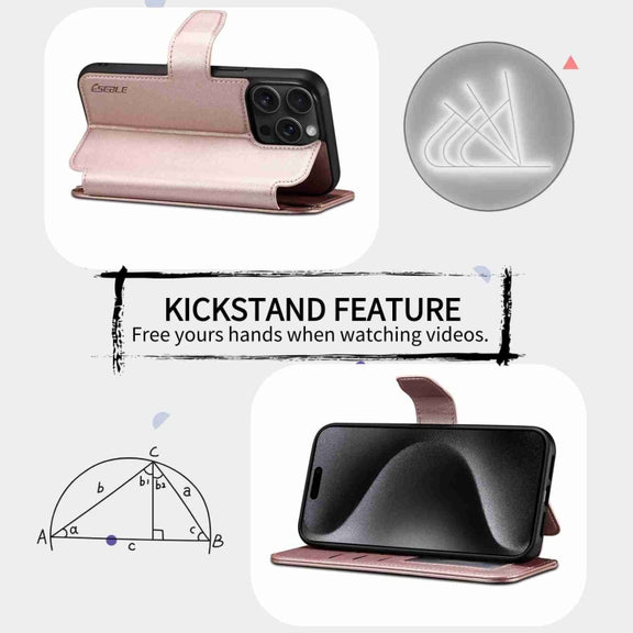 For iPhone 15 ESEBLE E1 Nappa Texture MagSafe Holder Leather Phone Case(Rose Gold)