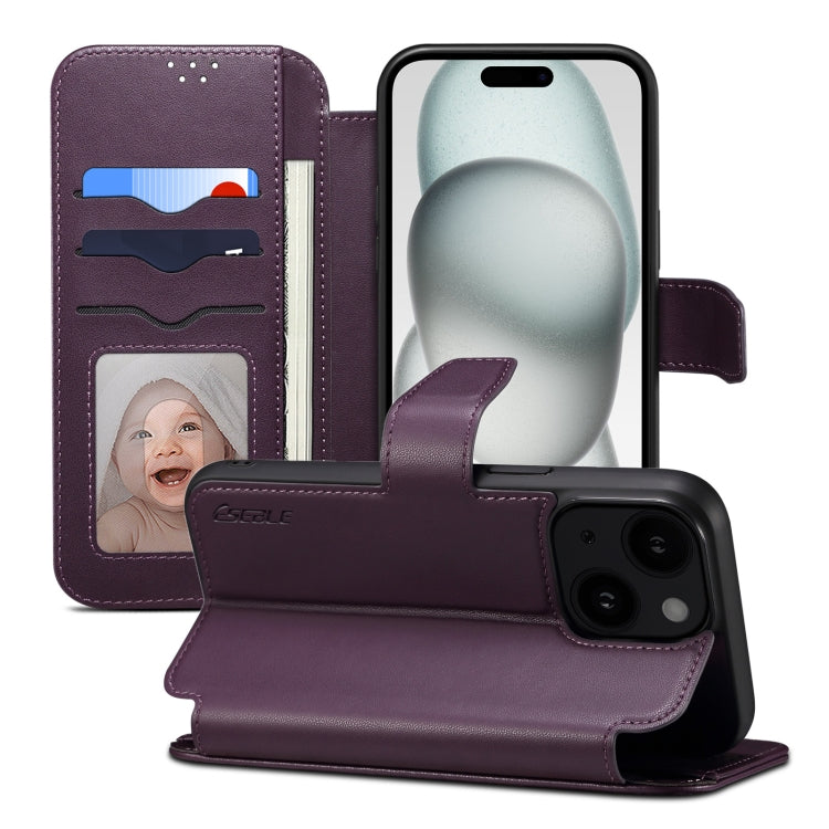 For iPhone 15 ESEBLE E1 Nappa Texture MagSafe Holder Leather Phone Case(Dark Purple)