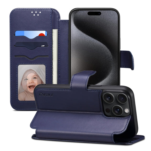 For iPhone 15 Pro ESEBLE E1 Nappa Texture MagSafe Holder Leather Phone Case(Dark Blue)