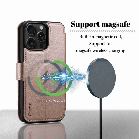 For iPhone 15 Pro Max ESEBLE E1 Nappa Texture MagSafe Holder Leather Phone Case(Rose Gold)
