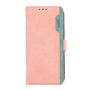 For iPhone 16 ABEEL Color Block Magnetic RFID Leather Phone Case(Pink-Cyan)